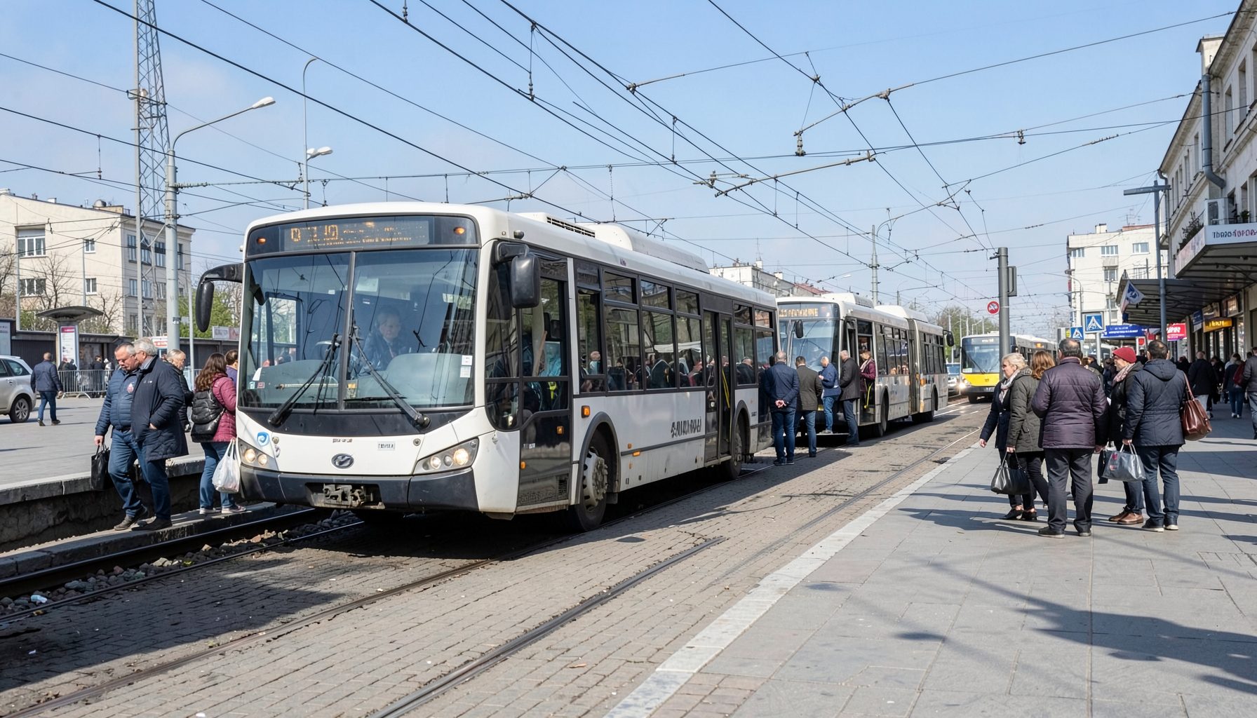 Автобусы на перроне автовокзала города Сумы, пассажиры ожидают посадки, ясный день
